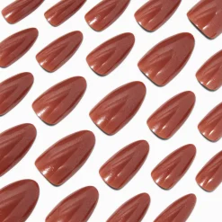 Claire's Ongles-Brown Glazed Long Almond Vegan Faux Nail Set - 24 Pack