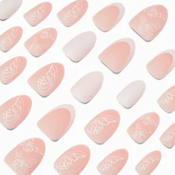Claire's Ongles-Butterfly French Short Almond Vegan Faux Nail Set - 24 Pack