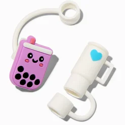 Claire's Gourdes Et Tasses-Caches pour pailles, tasse blanche et thé aux perles violet - Lot de 2