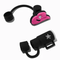 Claire's Gourdes Et Tasses-Caches pour pailles, tasse noire et chapeau de cowboy rose - Lot de 2