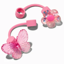 Claire's Gourdes Et Tasses-Capuchons de pailles roses fleur et papillon - Lot de 2