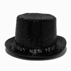 Claire's Chapeaux Et Casquettes-Chapeau haut-de-forme à sequins noirs « Happy New Year »