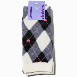 Claire's Chaussettes Et Collants|Temps Froid-Chaussettes montantes cœur rose écossais noir et blanc - 1 paire