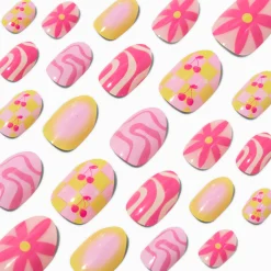 Claire's Ongles-Cherry & Daisy Swirl Stiletto Press On Vegan Faux Nail Set - 24 Pack