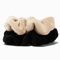 Claire's Chouchous-Chouchous côtelés soyeux noirs et couleur ivoire - Lot de 2