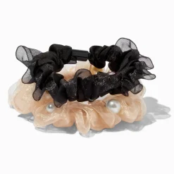 Claire's Chouchous-Chouchous noirs et couleur ivoire perles d'imitation en tissu extra-fin - Lot de 2