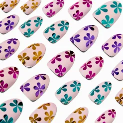Claire's Ongles-Chrome Floral Short Almond Vegan Faux Nail Set - 24 Pack