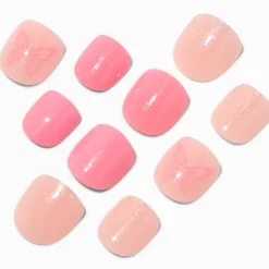 Claire's Ongles-Claire's Club Pink Butterfly Glitter Press On Vegan Faux Nail Set - 10 Pack