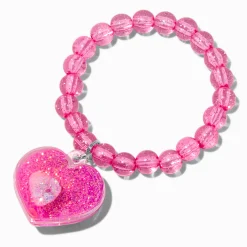 Claire's Bracelets-Claire's Club Pink Liquid-Filled Glitter Heart Stretch Bracelet
