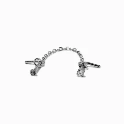 Claire's Bijoux Premium|Bijoux De Piercing-Clou de nez 0,8 mm double chaîne en acier inoxydable couleur argentée
