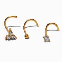 Claire's Clous D'oreilles|Bijoux Premium-Clous de nez 0,8 mm géométriques avec zircon cubique en titane couleur dorée - Lot de 3