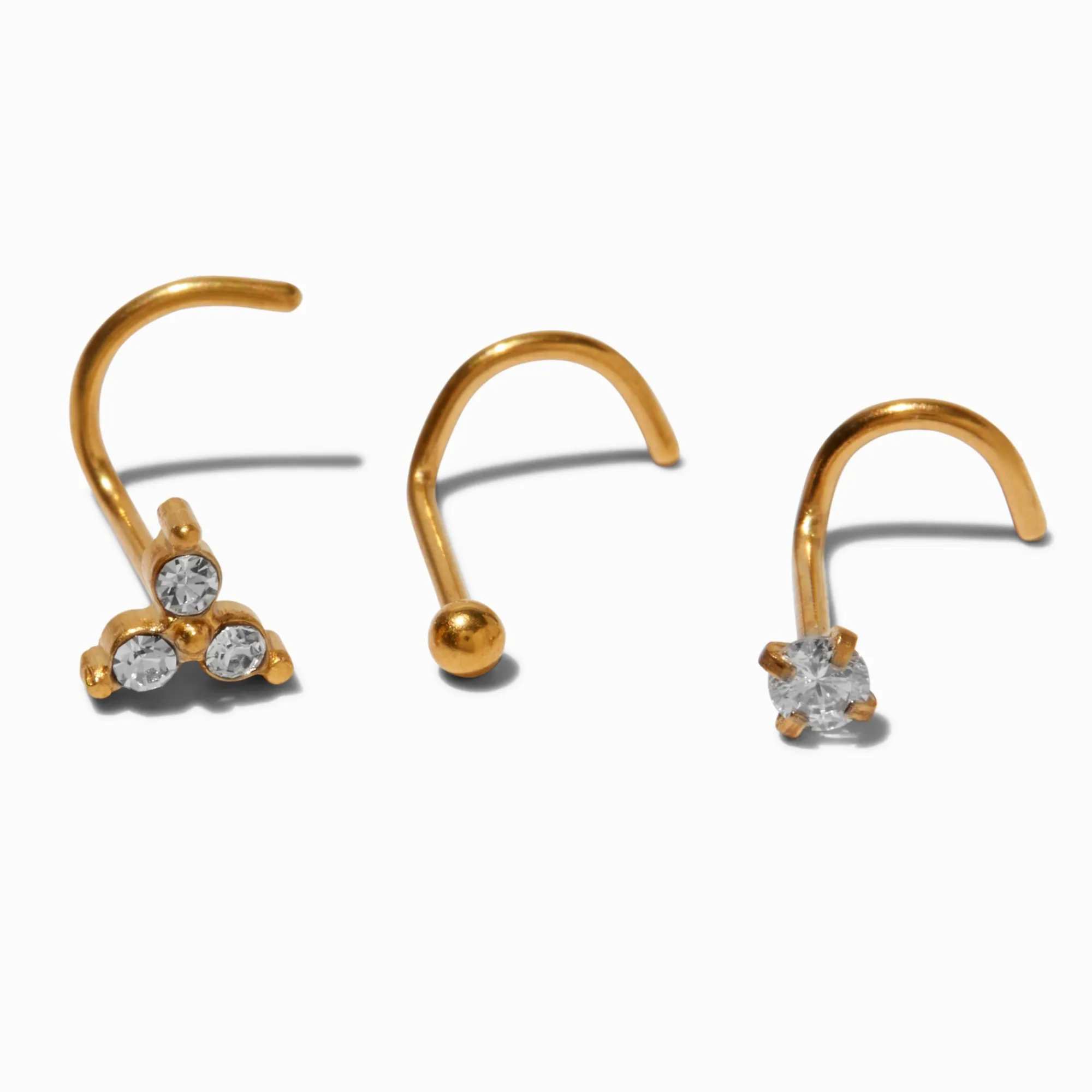 Claire's Clous D'oreilles|Bijoux Premium-Clous de nez 0,8 mm géométriques avec zircon cubique en titane couleur dorée - Lot de 3