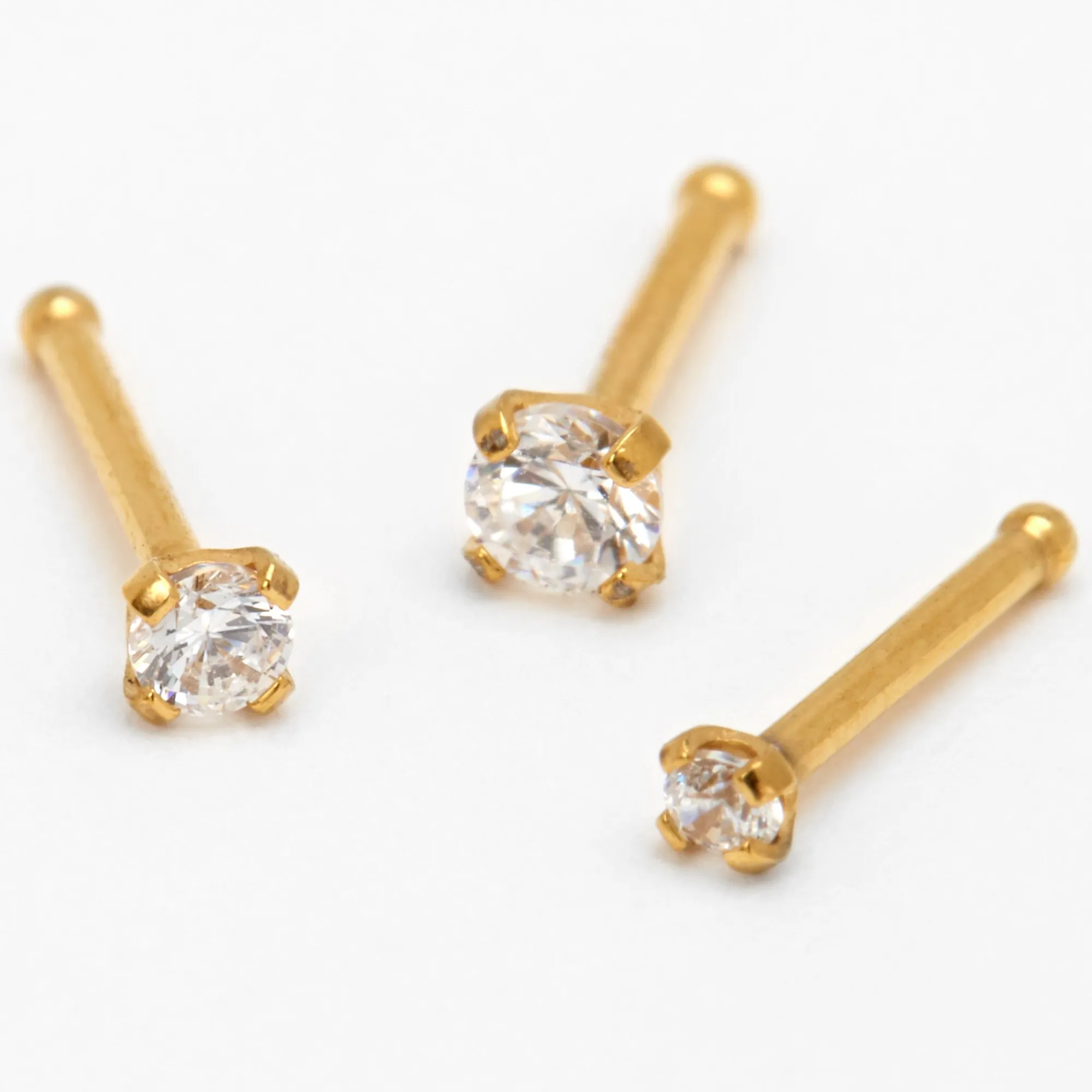 Claire's Clous D'oreilles|Bijoux Premium-Clous de nez à tailles progressives 0,8 mm avec zircon cubique en titane couleur dorée - Lot de 3