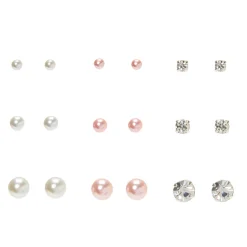 Claire's Clous D'oreilles-Clous d’oreille de différentes tailles avec perles d'imitation couleur argenté - Lot de 9