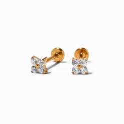 Claire's Clous D'oreilles|Bijoux Premium-Clous d’oreilles à arrière plat fleur zircon cubique en titane couleur dorée C LUXE by Claire’s