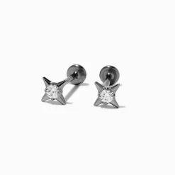 Claire's Clous D'oreilles|Bijoux Premium-Clous d’oreilles à arrière plat étoile rayonnante en zircon cubique titane couleur argentée C LUXE by Claire’s