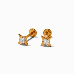 Claire's Clous D'oreilles|Bijoux Premium-Clous d’oreilles à arrière plat étoile rayonnante zircon cubique titane couleur dorée C LUXE by Claire’s