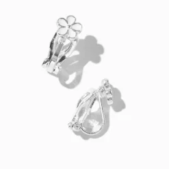 Claire's Clips Et Autocollants-Clous d’oreilles à clip couleur argentée fleur blanche