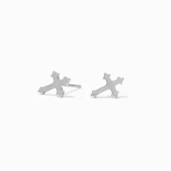 Claire's Clous D'oreilles|Bijoux Premium-Clous d’oreilles croix en titane couleur argentée - Collection C Luxe