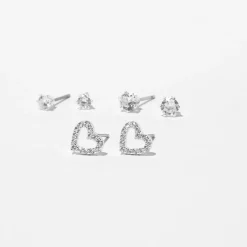 Claire's Clous D'oreilles-Clous d’oreilles cœur en zircon cubique d’imitation couleur argentée - Lot de 3
