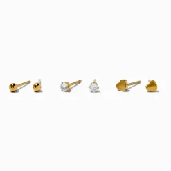 Claire's Clous D'oreilles|Bijoux Premium-Clous d’oreilles cœur en zircon cubique et acier inoxydable couleur dorée - Lot de 3