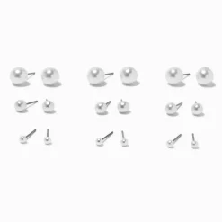 Claire's Clous D'oreilles-Clous d’oreilles de différentes tailles avec perles d'imitation blancs - Lot de 9