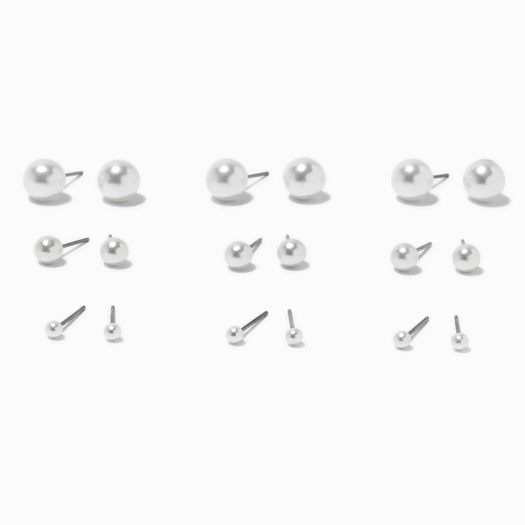 Claire's Clous D'oreilles-Clous d’oreilles de différentes tailles avec perles d'imitation blancs - Lot de 9