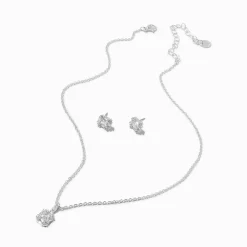 Claire's Clous D'oreilles|Parures De Bijoux-Clous d’oreilles et collier à pendentif carré auréole en zircon cubique couleur argentée - Lot de 2