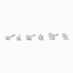 Claire's Clous D'oreilles-Clous d’oreilles goutte et forme ronde en zircon cubique couleur argentée - Lot de 3