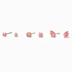 Claire's Clous D'oreilles-Clous d’oreilles goutte et forme ronde en zircon cubique rose couleur dorée - Lot de 3