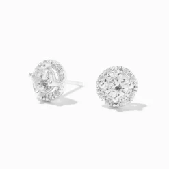 Claire's Clous D'oreilles|Bijoux Premium-Clous d’oreilles halo en argent avec strass en zircon cubique - 5 mm