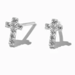 Claire's Bijoux Premium|Clous D'oreilles-Clous d’oreilles mini croix en zircon cubique couleur argentée C LUXE by Claire’s