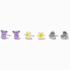 Claire's Clous D'oreilles-Clous d’oreilles paresseux, marguerite, cœur - Lot de 3
