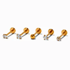 Claire's Bijoux De Piercing-Clous d’oreilles pour piercing au cartilage non filetés 0,8 mm zircon cubique et acier inoxydable couleur dorée - Lot de 5