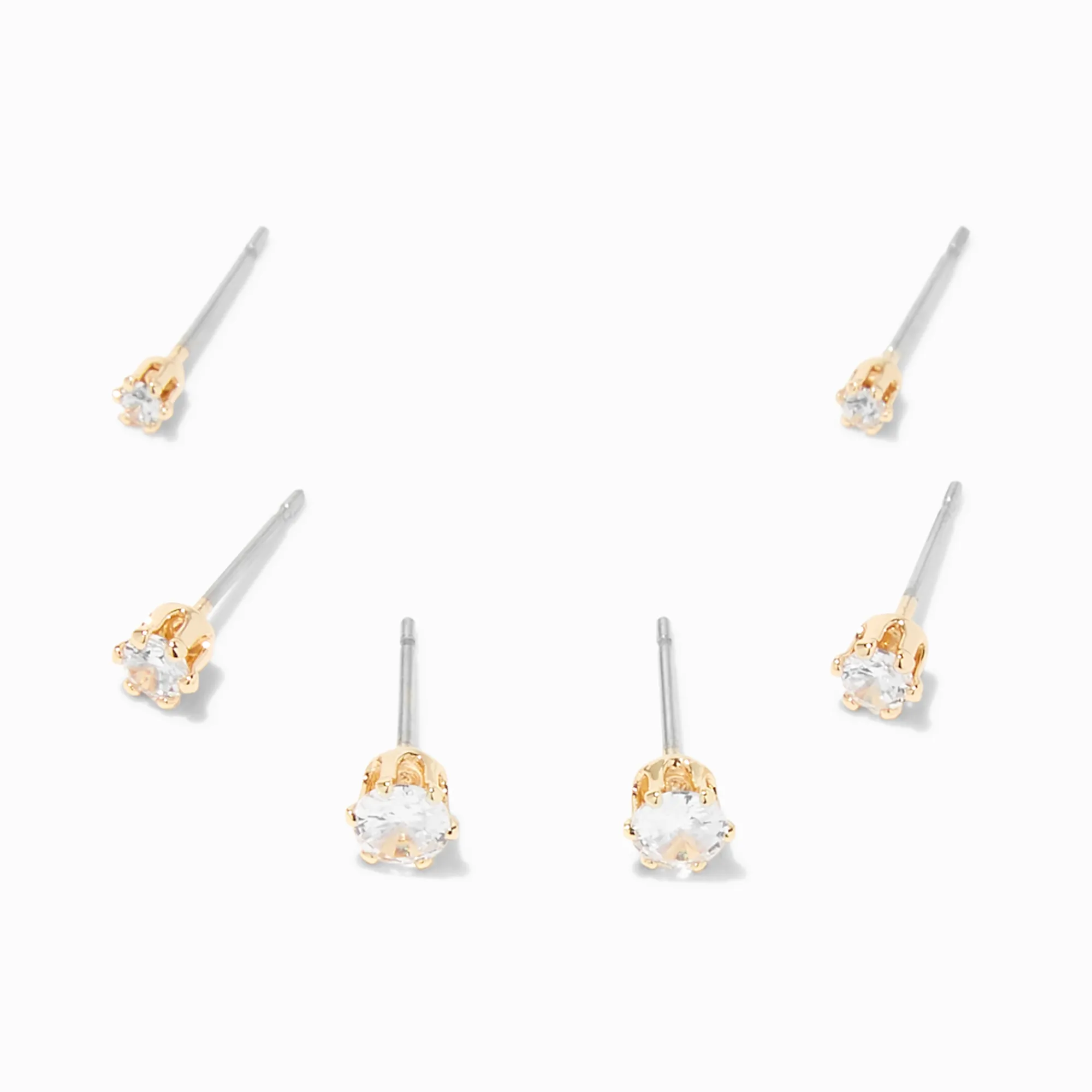 Claire's Clous D'oreilles-Clous d’oreilles ronds avec strass en zircon cubique d’imitation couleur dorée - 2 mm, 3 mm, 4 mm