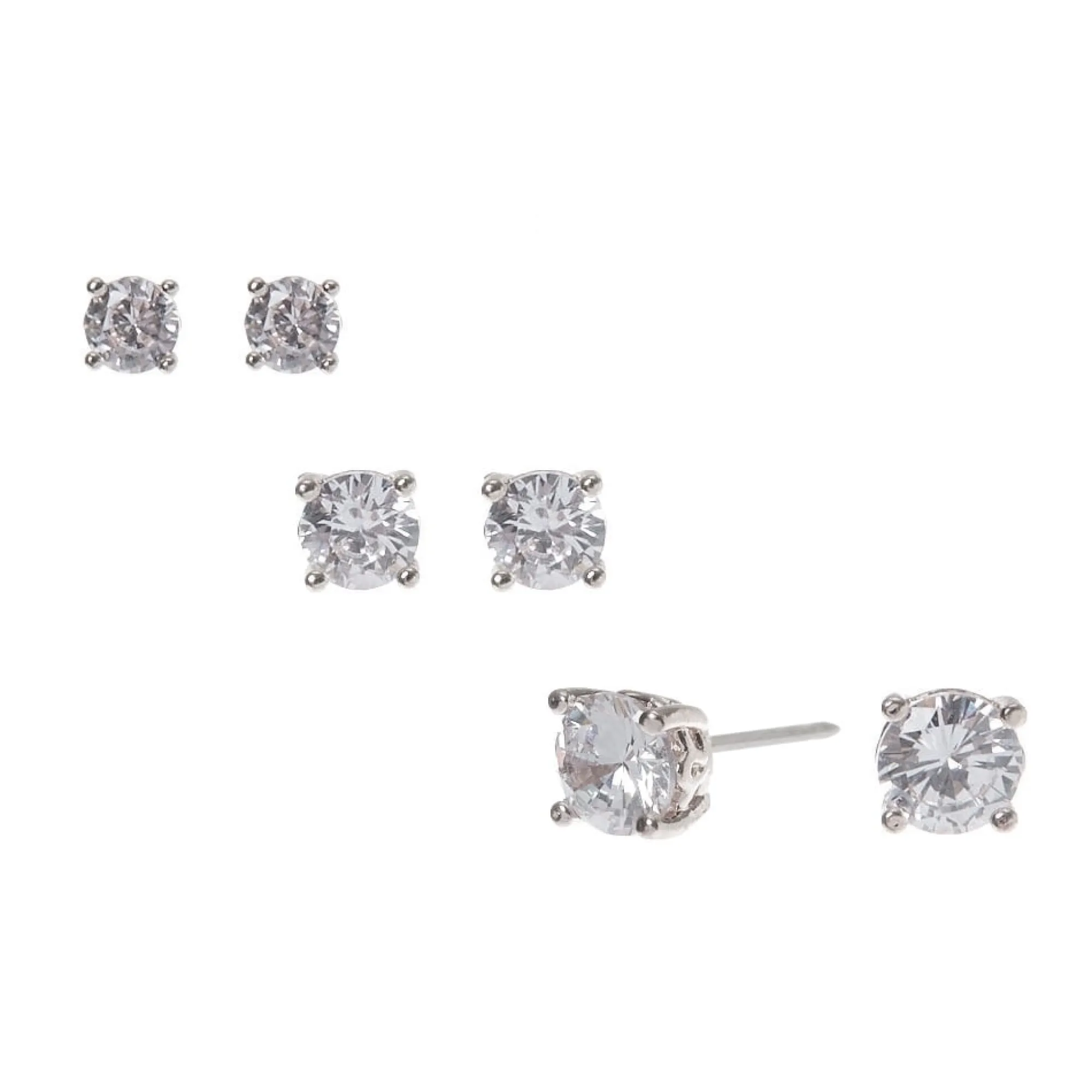 Claire's Clous D'oreilles-Clous d’oreilles ronds 4 mm, 5 mm, 6 mm en zircon cubique couleur argentée - Lot de 3