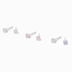 Claire's Clous D'oreilles|Bijoux Premium-Clous d’oreilles ronds 4 mm transparents/roses/lavande en zircon cubique et argent C LUXE by Claire’s - Lot de 3