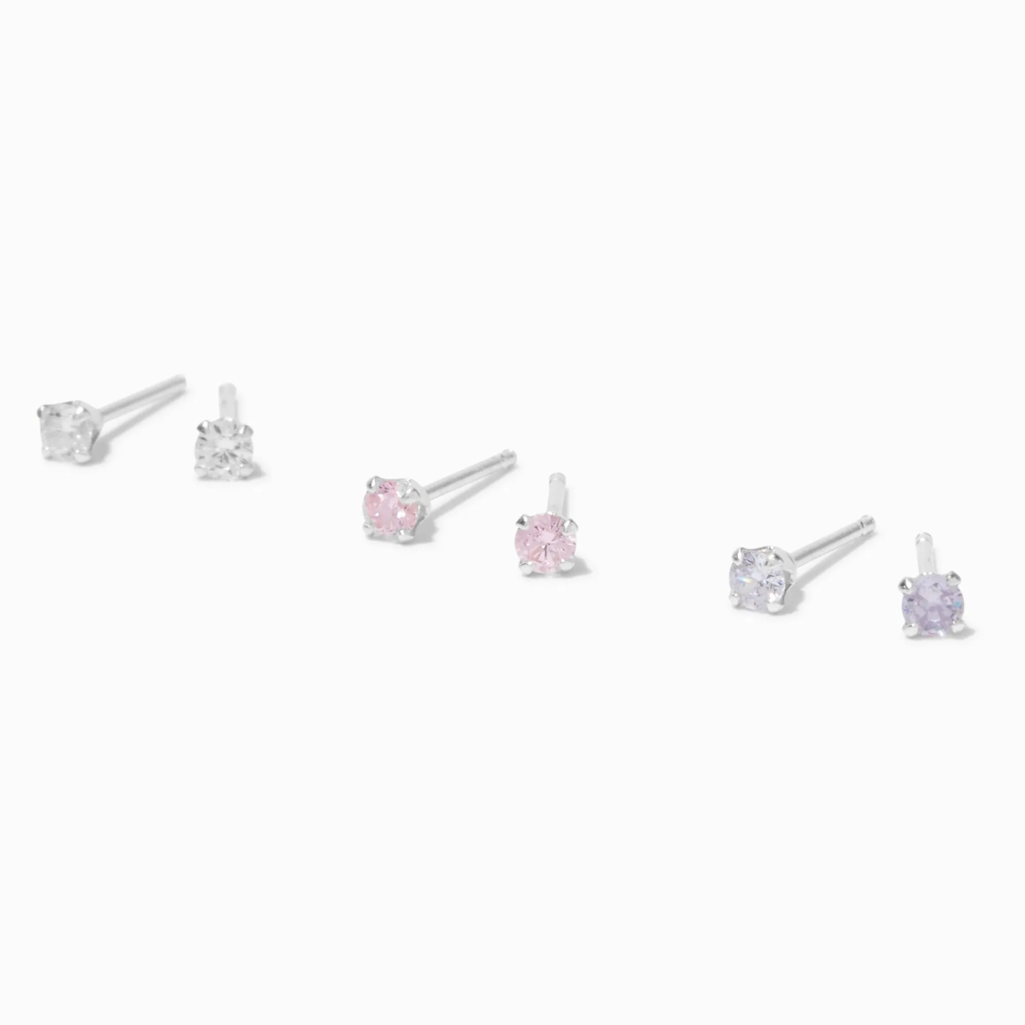 Claire's Clous D'oreilles|Bijoux Premium-Clous d’oreilles ronds 4 mm transparents/roses/lavande en zircon cubique et argent C LUXE by Claire’s - Lot de 3