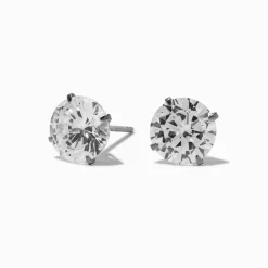 Claire's Clous D'oreilles|Bijoux Premium-Clous d’oreilles ronds 8 mm zircon cubique en titane couleur argentée C LUXE by Claire's