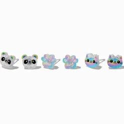 Claire's Clous D'oreilles-Clous d'oreilles acrylique panda, chat et patte à paillettes - Lot de 3