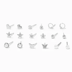 Claire's Clous D'oreilles-Clous d'oreilles aux designs variés fleurs et perles d'imitation couleur argentée - Lot de 9