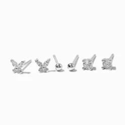 Claire's Bijoux Premium-Clous d'oreilles boules carré strass papillon couleur argentée C LUXE by Claire’s - Lot de 3