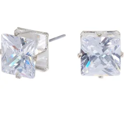 Claire's Clous D'oreilles-Clous d'oreilles carrés avec strass en zircon cubique d'imitation couleur argentée - 8 mm