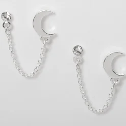 Claire's Clous D'oreilles-Clous d'oreilles à chaîne lune ornementée couleur argentée