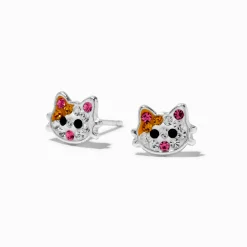 Claire's Clous D'oreilles-Clous d'oreilles chat et strass couleur argentée