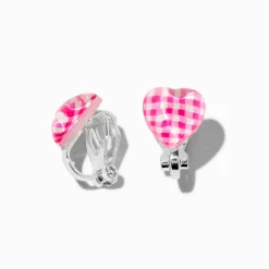 Claire's Clips Et Autocollants|Clous D'oreilles-Clous d'oreilles à clip cœur à carreaux roses