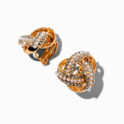 Claire's Clips Et Autocollants-Clous d'oreilles à clip nœud noué perle d'imitation et strass couleur dorée
