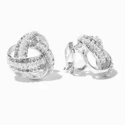 Claire's Clips Et Autocollants-Clous d'oreilles à clip nœud noué perle d'imitation et strass couleur argentée