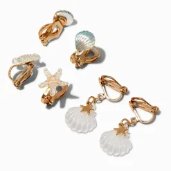 Claire's Clips Et Autocollants-Clous d'oreilles à clip vie aquatique couleur dorée - Lot de 3