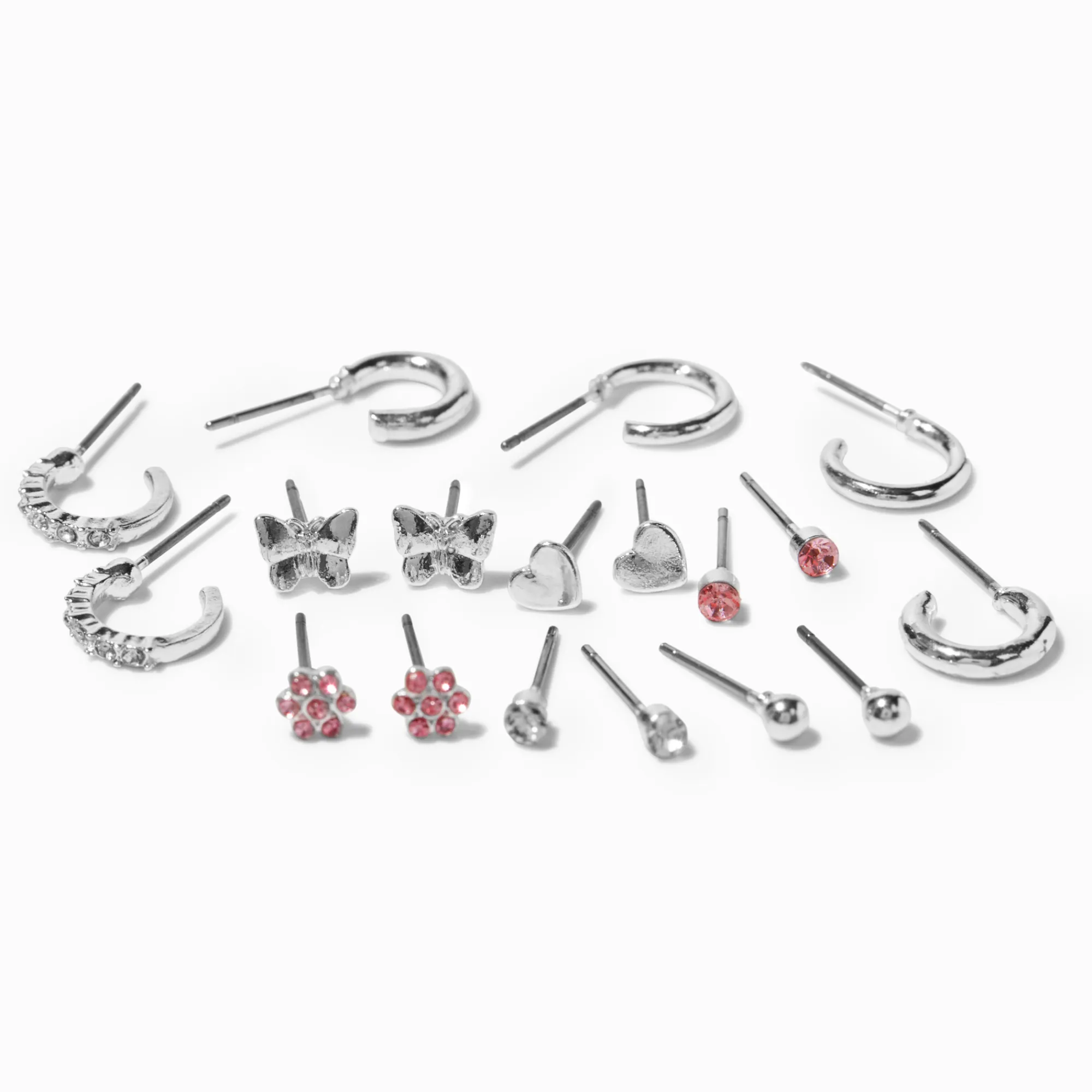 Claire's Clous D'oreilles-Clous d'oreilles couleur argentée aux designs mixtes fleur rose - Lot de 9